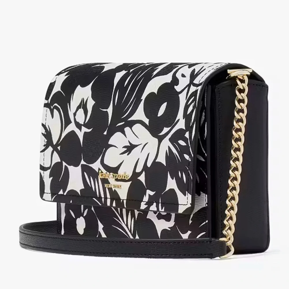 Kate Spade Morgan Tropical Foliage Flap Chain Wallet Crossbody Black Multi